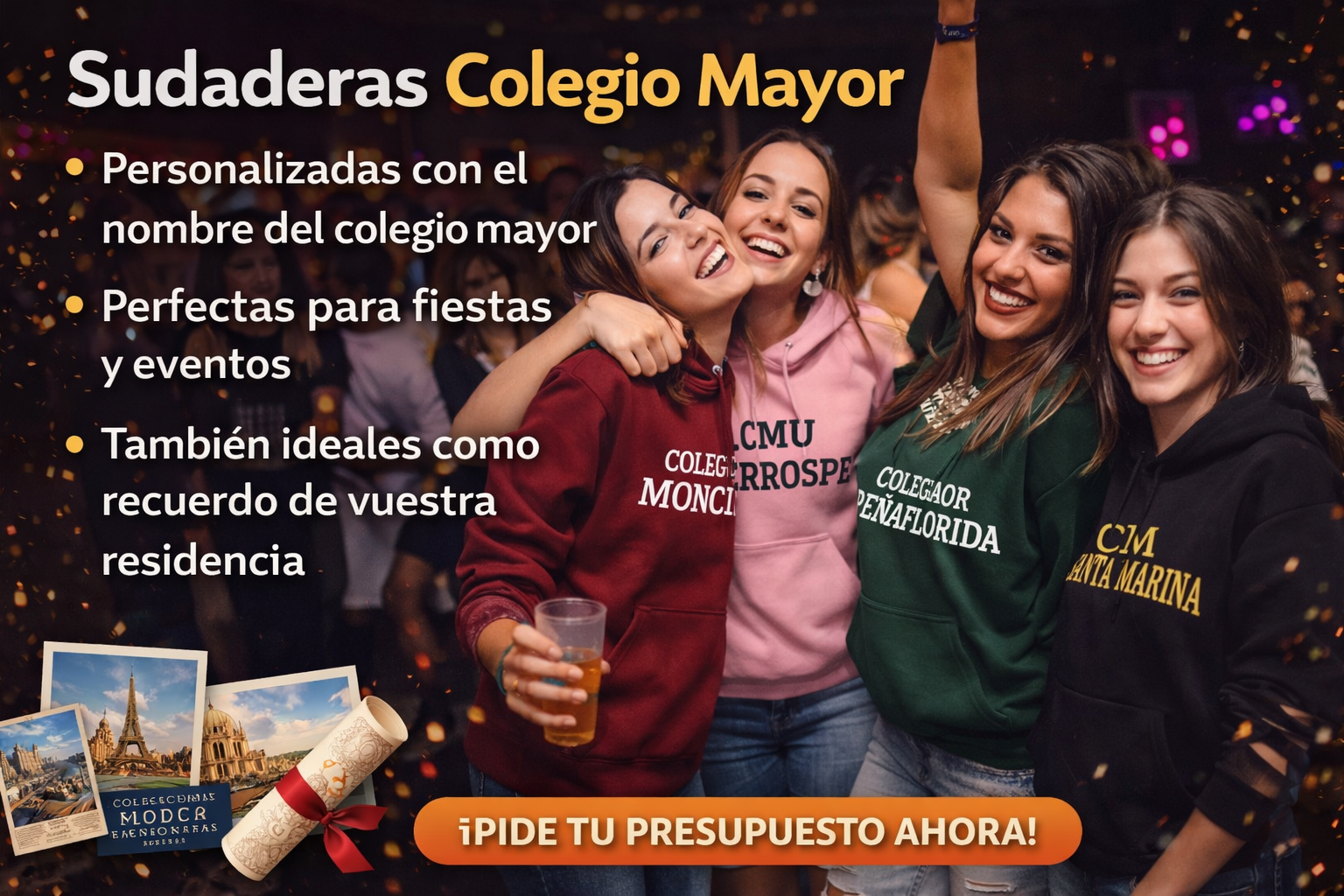 Sudaderas para colegio mayor Prendas personalizadas para colegios mayores, residentes, juntas y promociones que buscan una colección elegante y representativa.